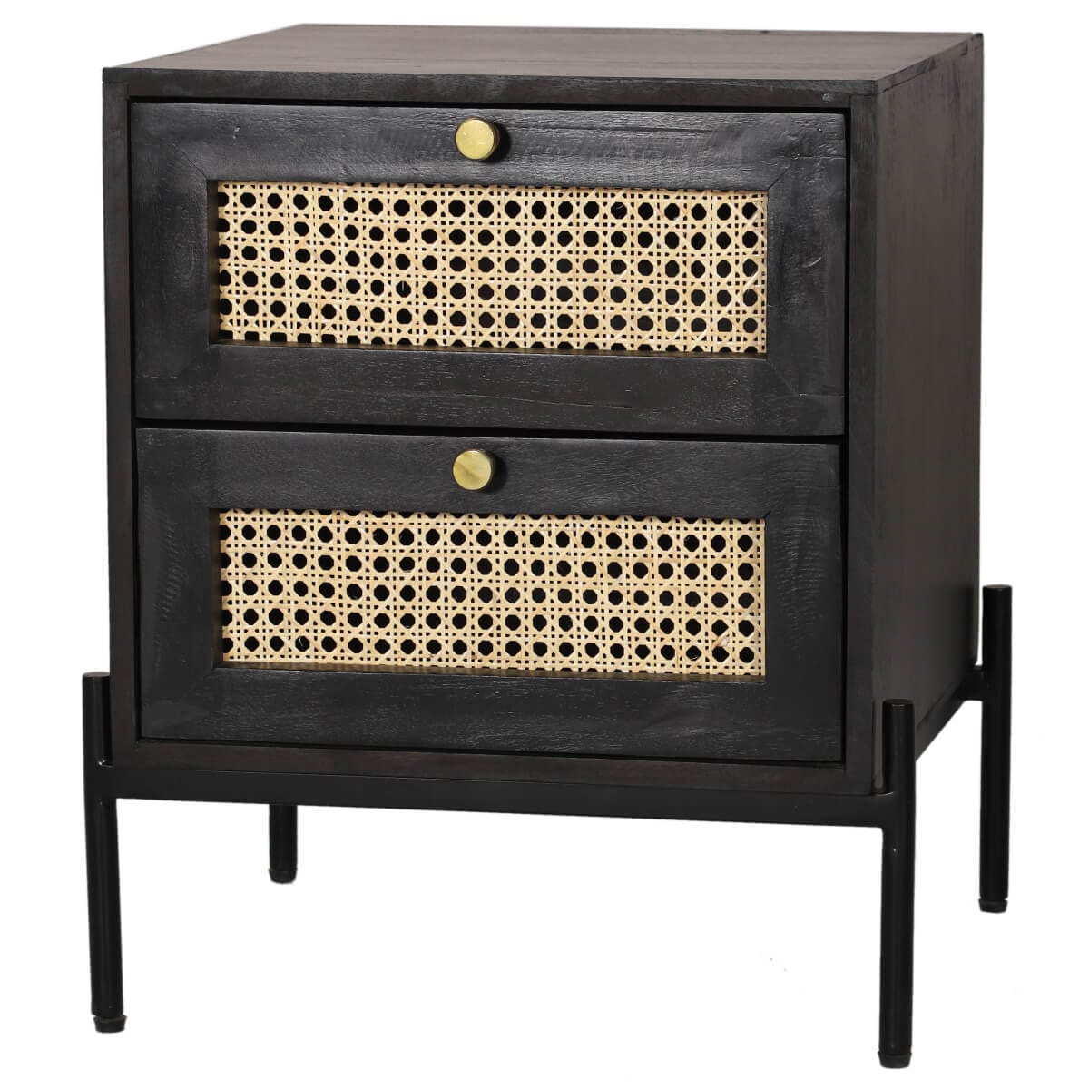 Black Painted Bedside With Rattan Screen In Drawer Fronts
